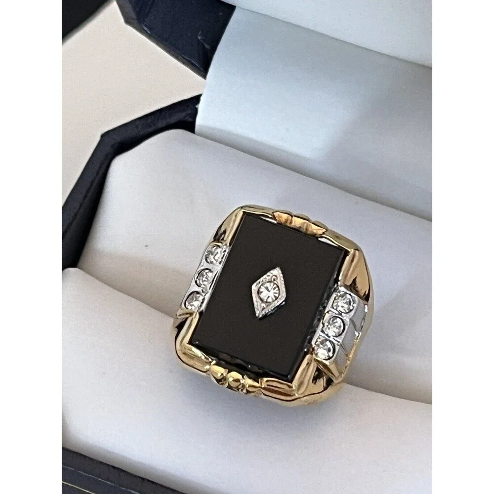 Vintage 1960s Uncas Black Onyx Ring Size 7  14K Gold Plate Art Deco Revival - 5J